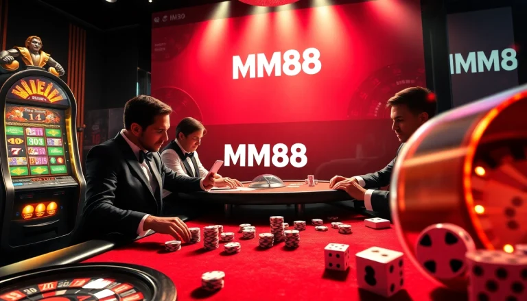 Engage with MM88 at a high-stakes poker table, surrounded by vibrant casino elements and winning excitement.