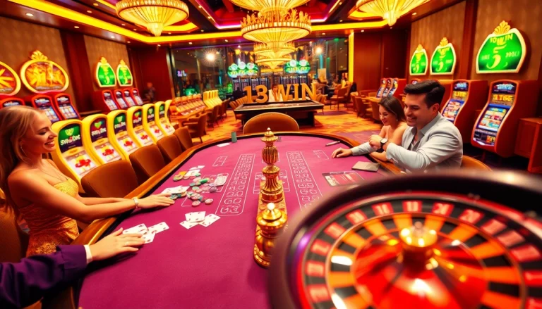 Experience enthusiastic players engaging with 13Win casino tables, showcasing excitement and high-stakes fun.