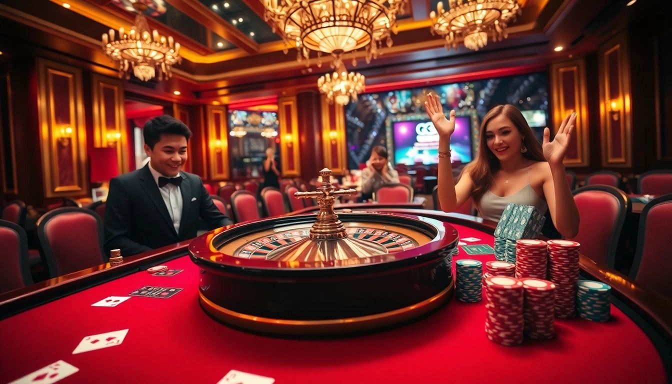 GG88 excitement as gamblers celebrate wins at a luxurious casino table filled with vibrant chips.