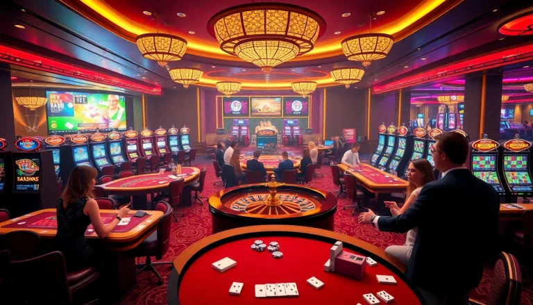 Experience the thrill of RR 88 in a high-end casino setting, showcasing vibrant gaming tables and excited players.