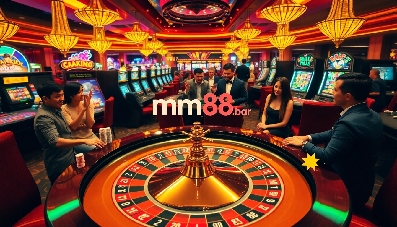 Excited players at a luxurious casino, emphasizing the thrilling experience of https://mm88.bar/ with vibrant gaming elements.