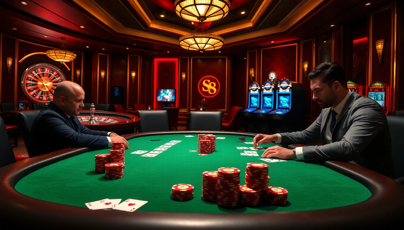 Experience the thrill of high-stakes poker at s8 com, featuring vibrant chips and dramatic casino lighting.