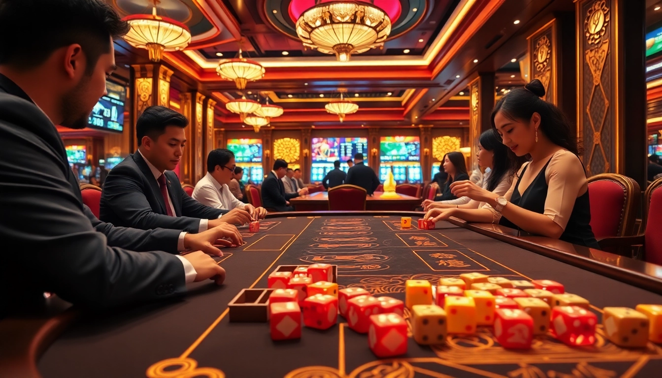 Players engaging in a thrilling game of Taixiu with colorful dice and betting chips.