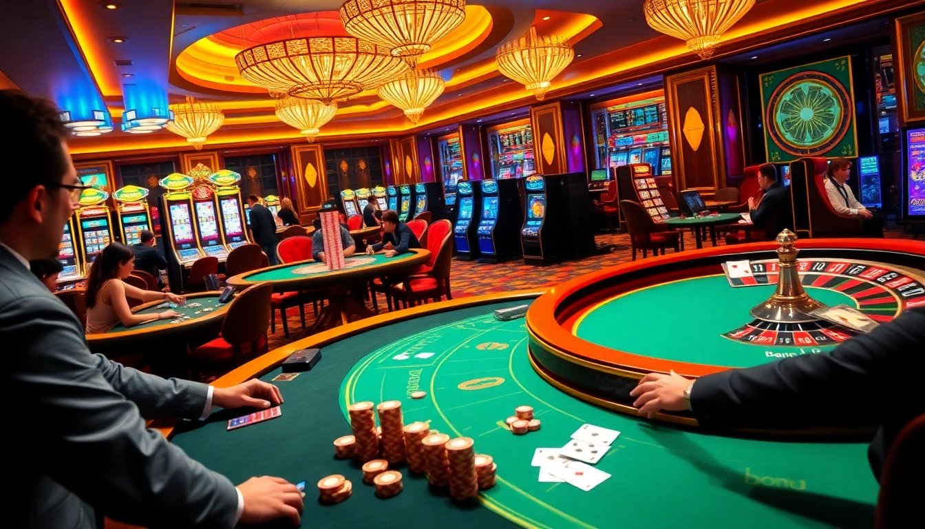 Experience gamebaidoithuong excitement with players at luxury casino tables and roulette wheels.