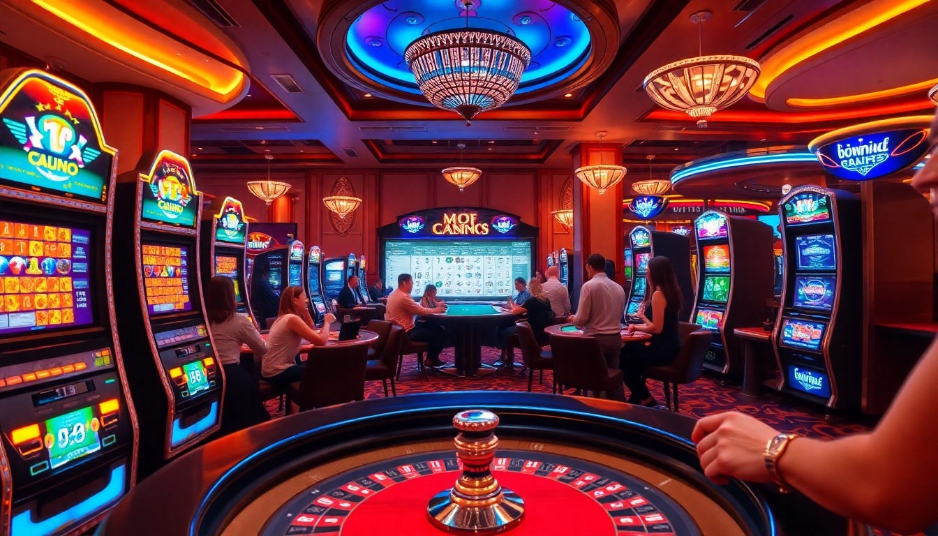 Players enjoying thrilling games at nhà cái NOHU casino, showcasing vibrant slot machines and high-stakes tables.