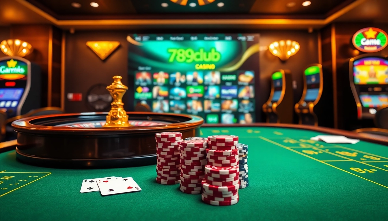 Players enjoy games at 789club, showcasing luxury in an online gambling environment with poker chips and cards.