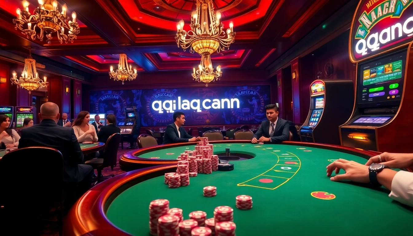 Engaging jackpot scene at qqmacan featuring poker players and vibrant slot machines.