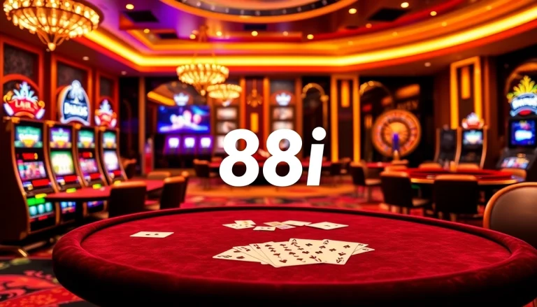 Experience thrilling online casino action with 88i highlighted on poker tables and vibrant slot machines.