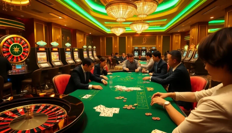 S8 casino players engaging in thrilling games at luxurious tables, surrounded by vibrant slot machines.