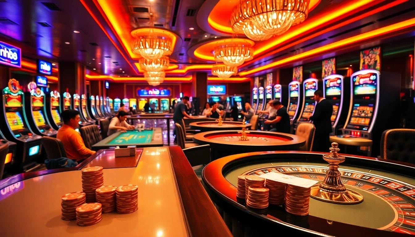 Experience the excitement of nh88 in a luxurious casino scene featuring poker and slot machines.