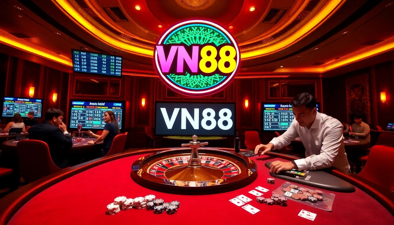 Experience the thrill of VN88 casino with vibrant gaming tables and festive atmosphere.