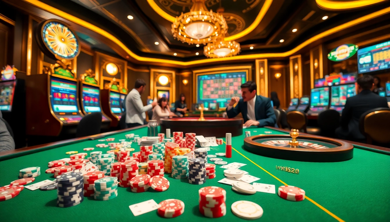 WN678 players engaging in thrilling casino games at a vibrant gambling table with chips and cards.