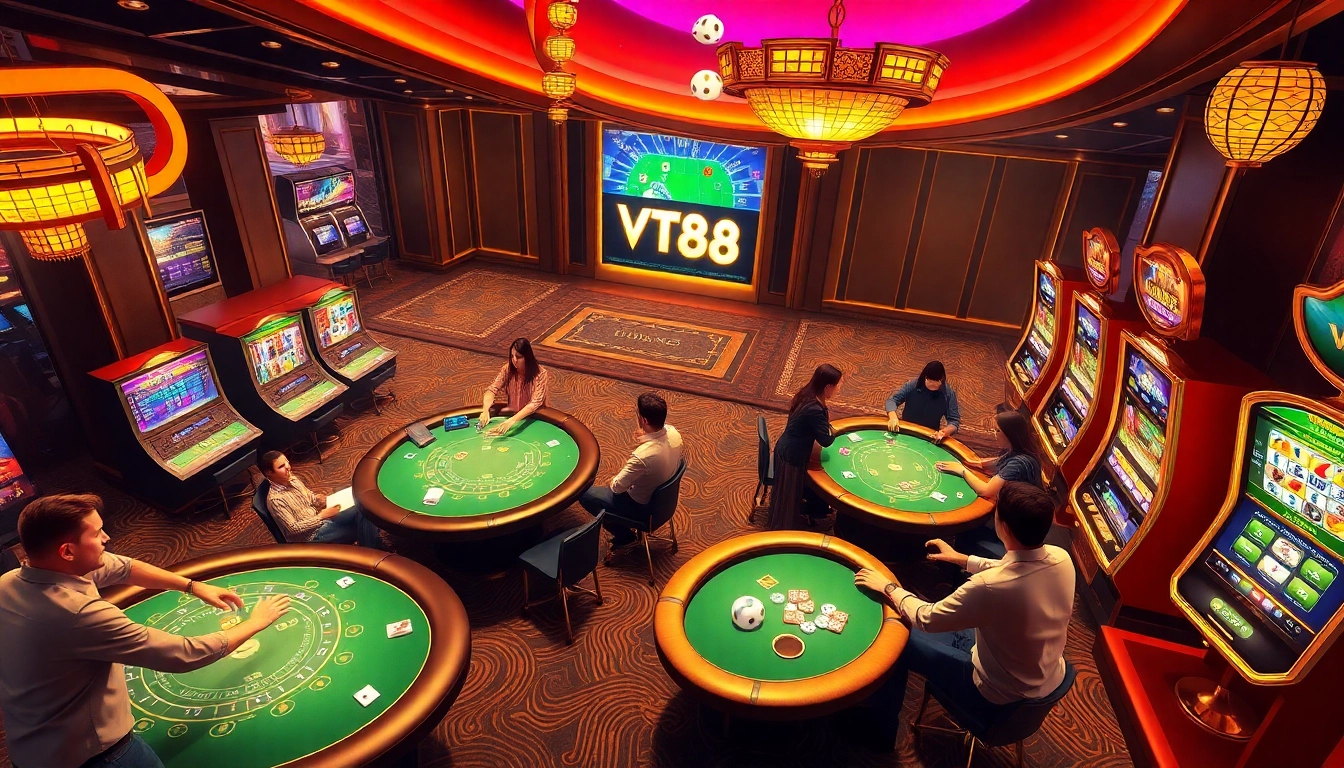 Experience excitement at VT88 with vibrant online gambling visuals featuring poker, dice, and slot machines.