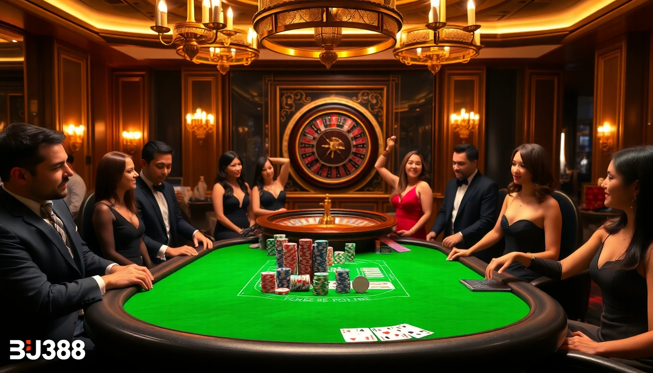 Players engaging in a high-stakes game at BJ388's luxurious casino.