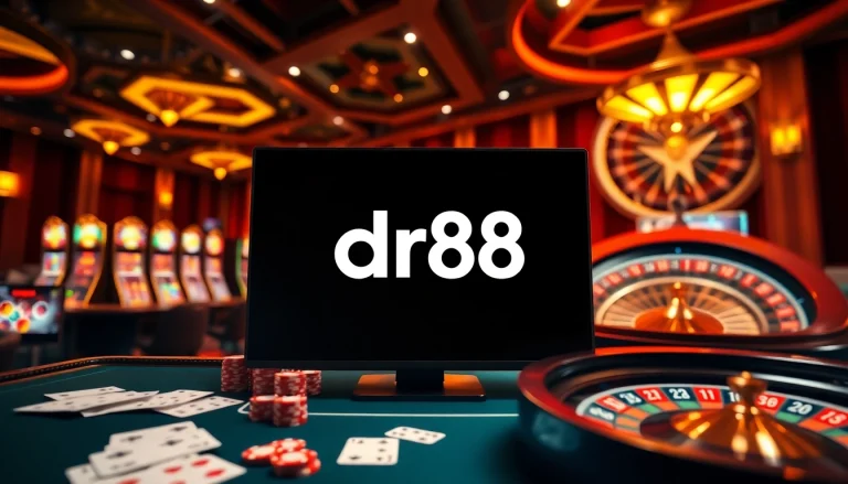 Visual representation of nhà cái dr88 featuring online casino tables, colorful slot machines, and an exciting roulette wheel.