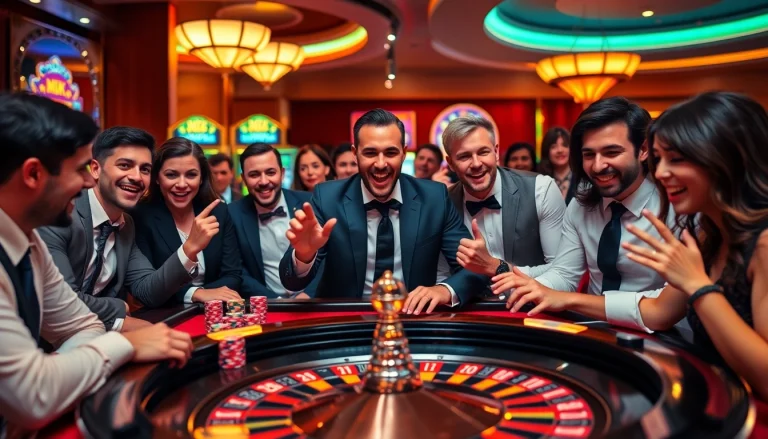 Players enjoying MK8 เครดิตฟรี at a casino table filled with vibrant poker chips and excitement.