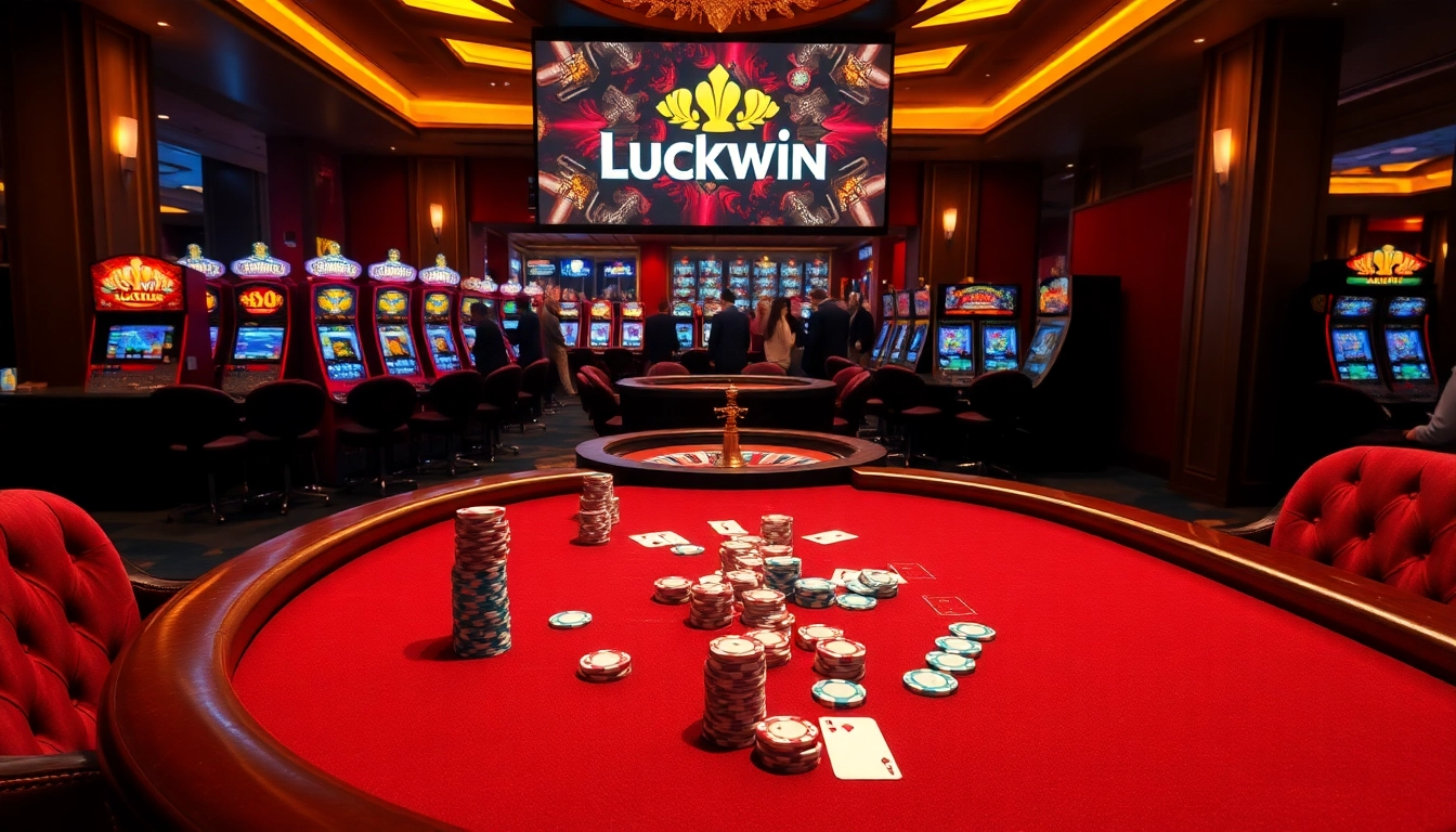 Exciting gaming at Luckwin Casino with vibrant poker chips and roulette wheel in a luxurious setting.