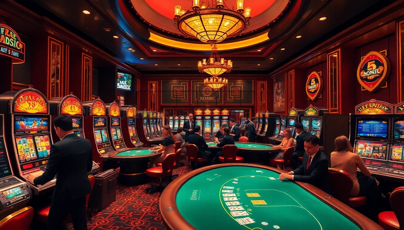 Engaging scene of professional gamblers in luxurious setting at nhà cái NOHU casino with vibrant slot machines.