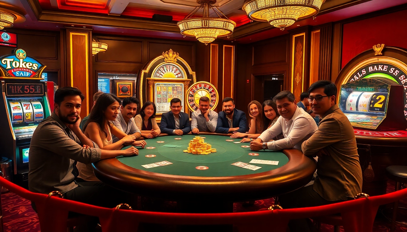 Players enjoy a thrilling poker game at a luxurious casino table featuring KK55 chips and exciting atmosphere.
