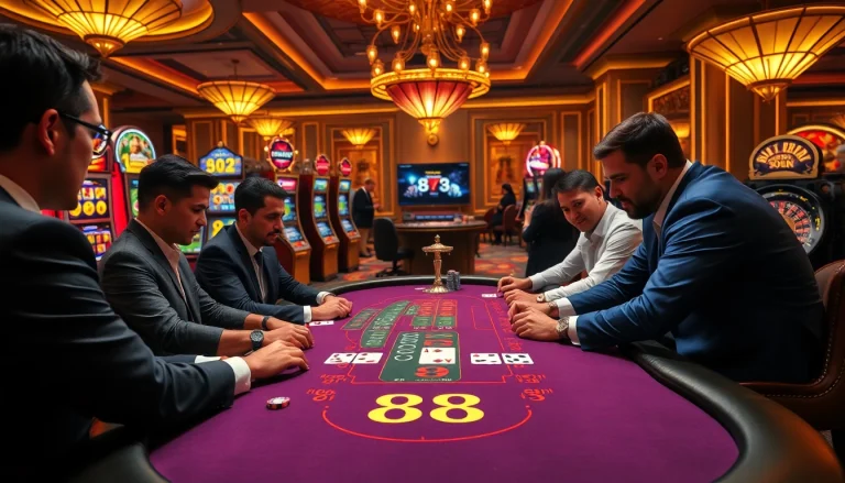 Professional players engage in high-stakes blackjack at 88i casino, surrounded by vibrant slot machines.