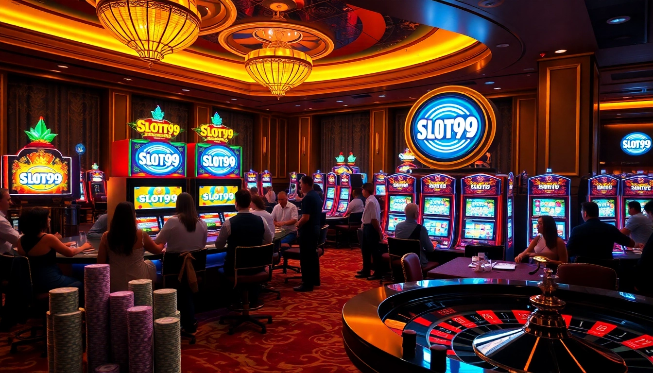Excited gamblers enjoying SLOT99 slot machines in a vibrant casino setting, showcasing luxury and anticipation.