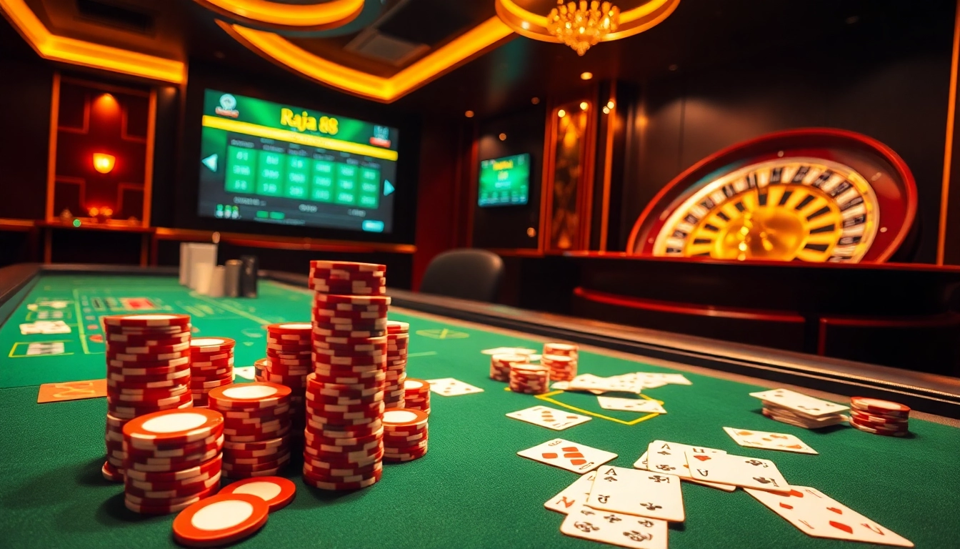 Engaging poker table scene showcasing raja 88 with bright chips and a roulette wheel.