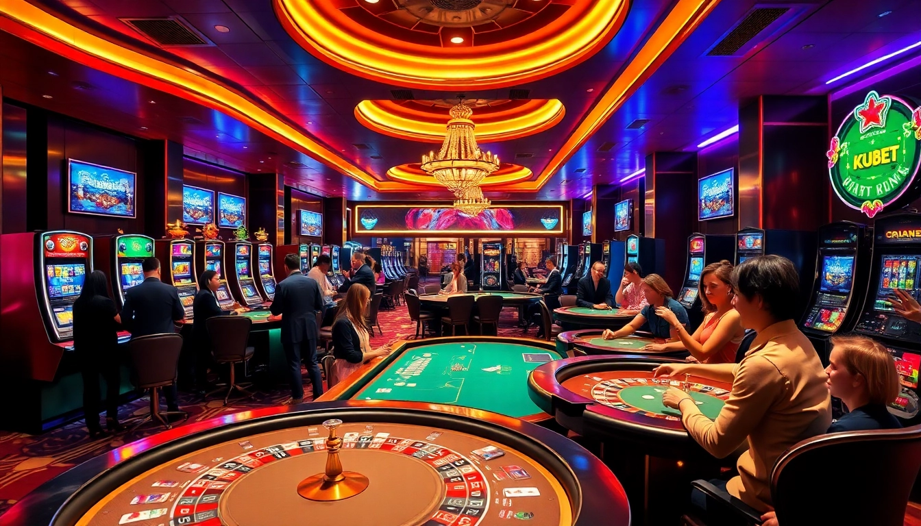 Kubet gaming scene showcasing dynamic players at casino tables and slot machines.