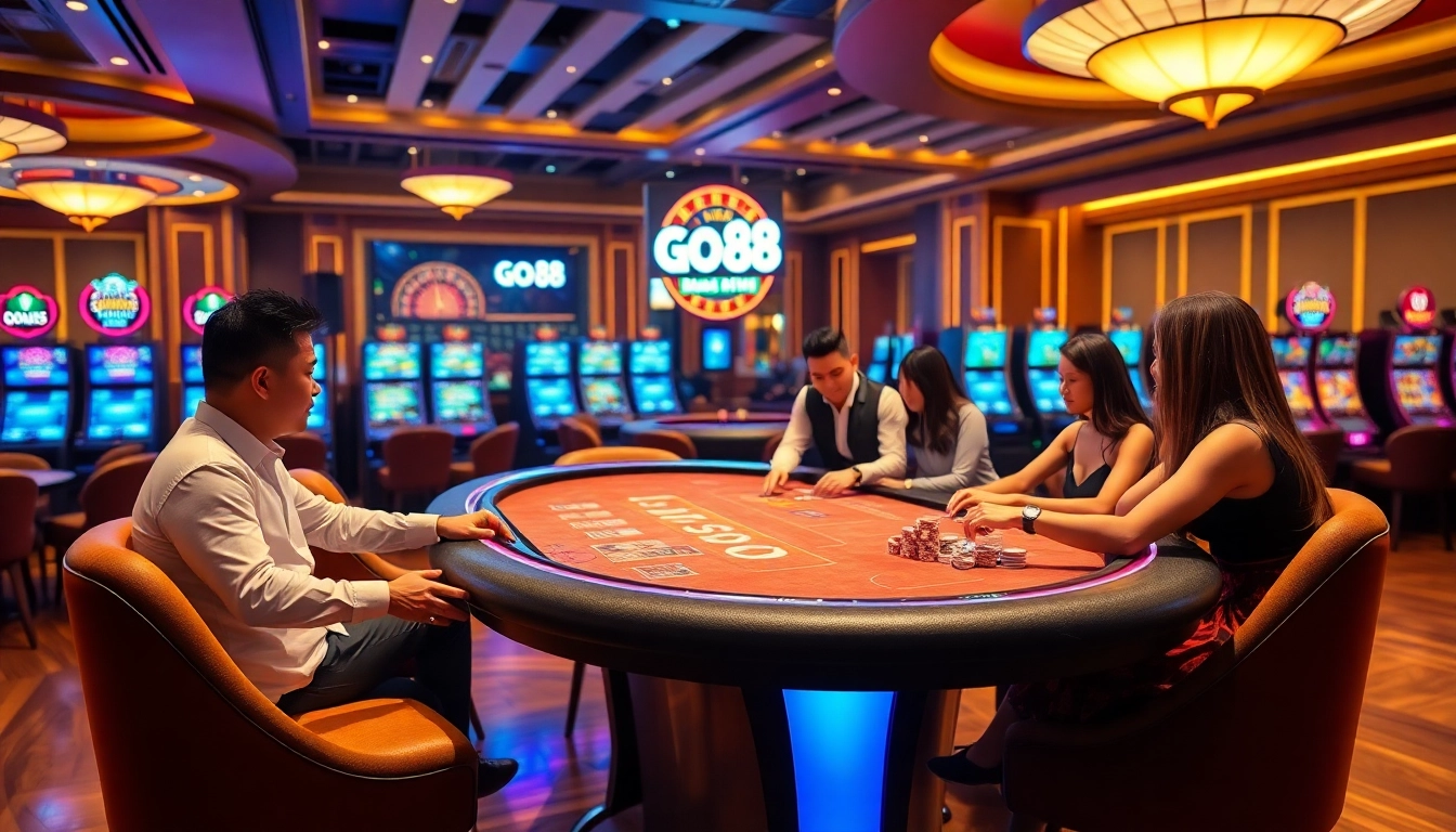 Experience the excitement of GO88 with players at a vibrant casino table, capturing the thrill of gaming.