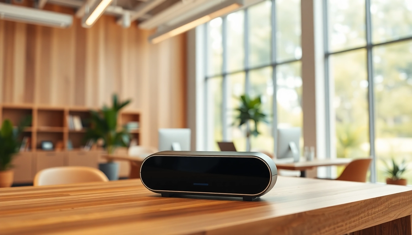 Create AI Voice assistant in a bright office setting, showcasing modern technology and a productive ambiance.