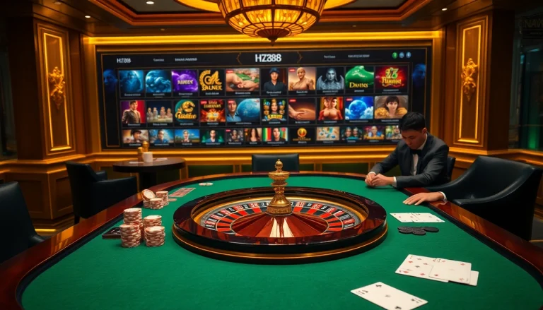 Experience the thrill of betting at HZ88 nhà cái's elegant online casino with vibrant tables and games.