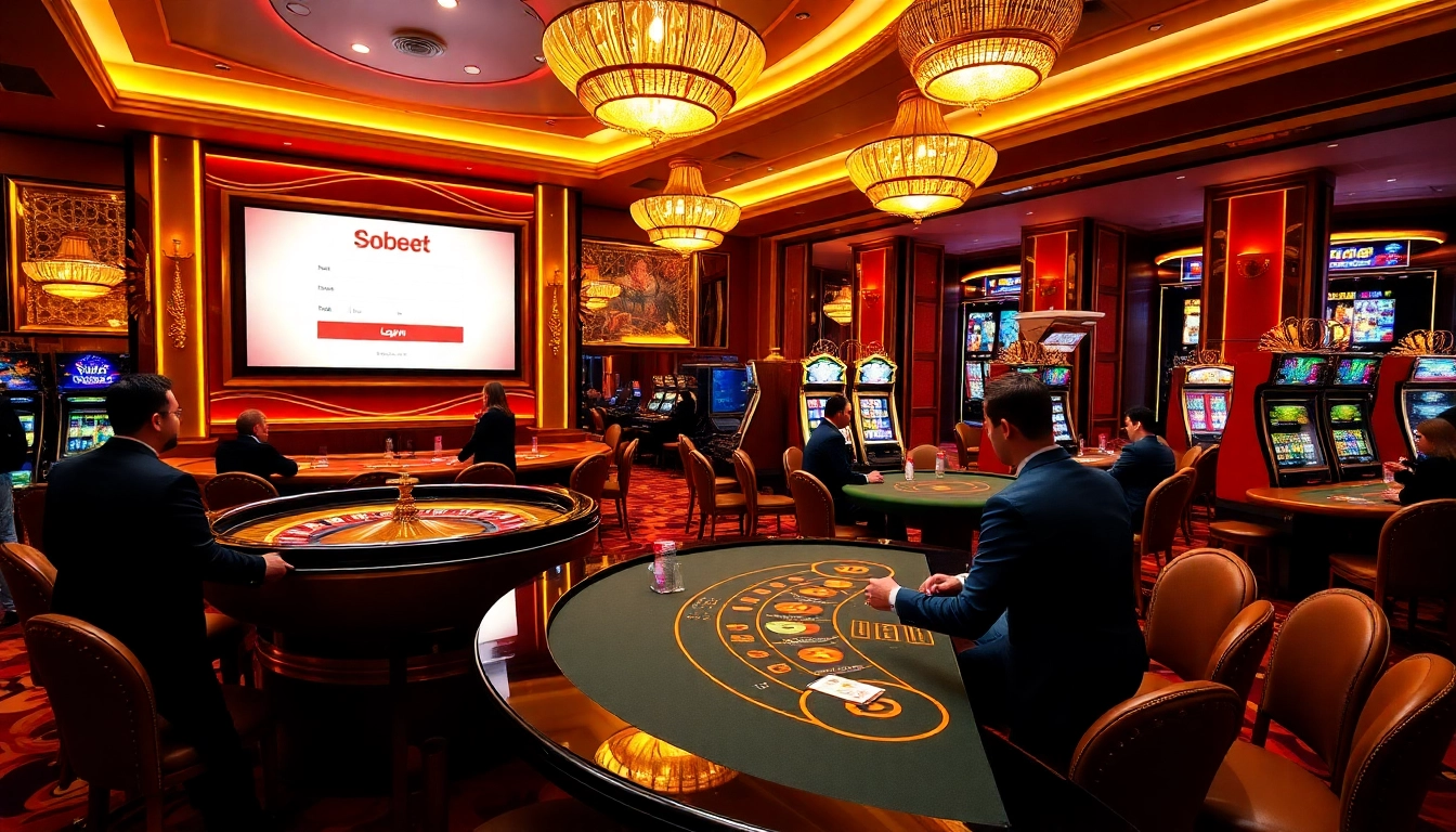 Experience sbobet login excitement at a luxurious casino with vibrant gaming tables and players.