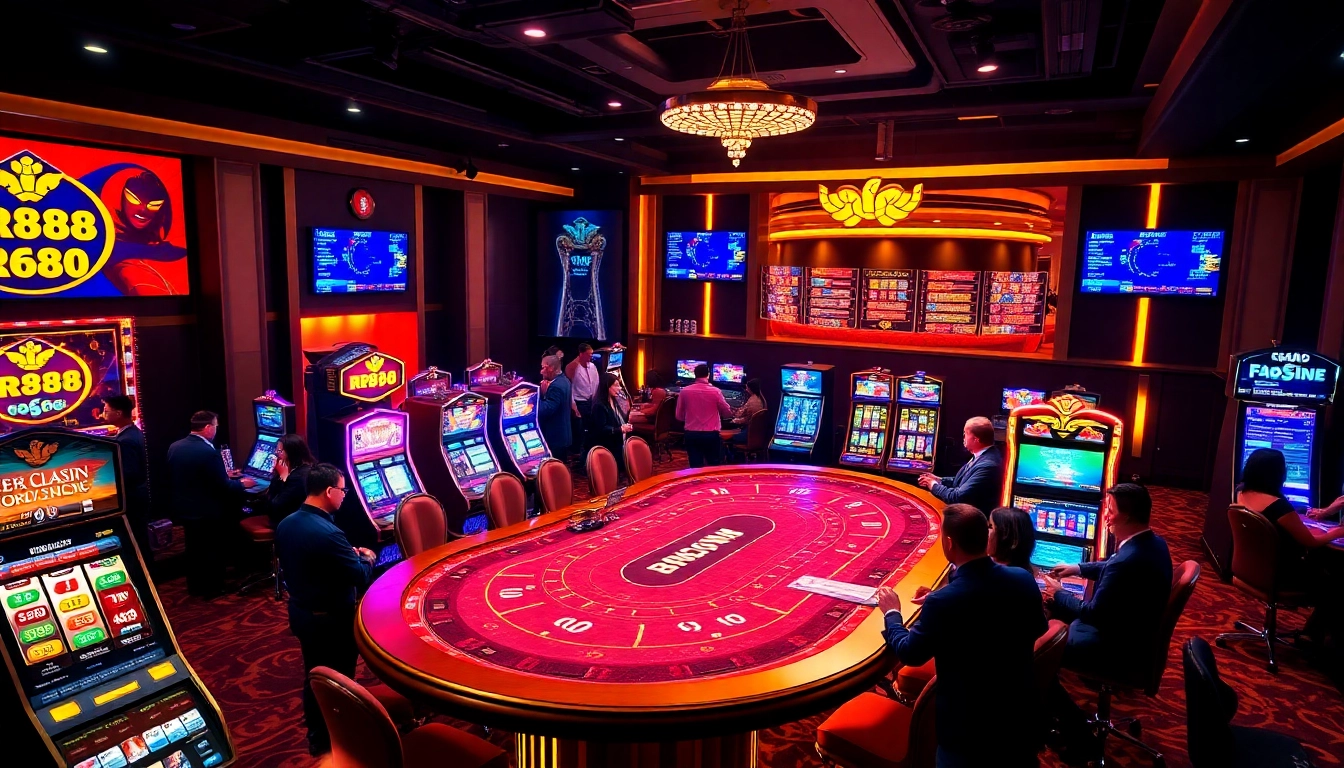 Exciting RR88 casino gaming scene with vibrant tables and colorful slot machines.