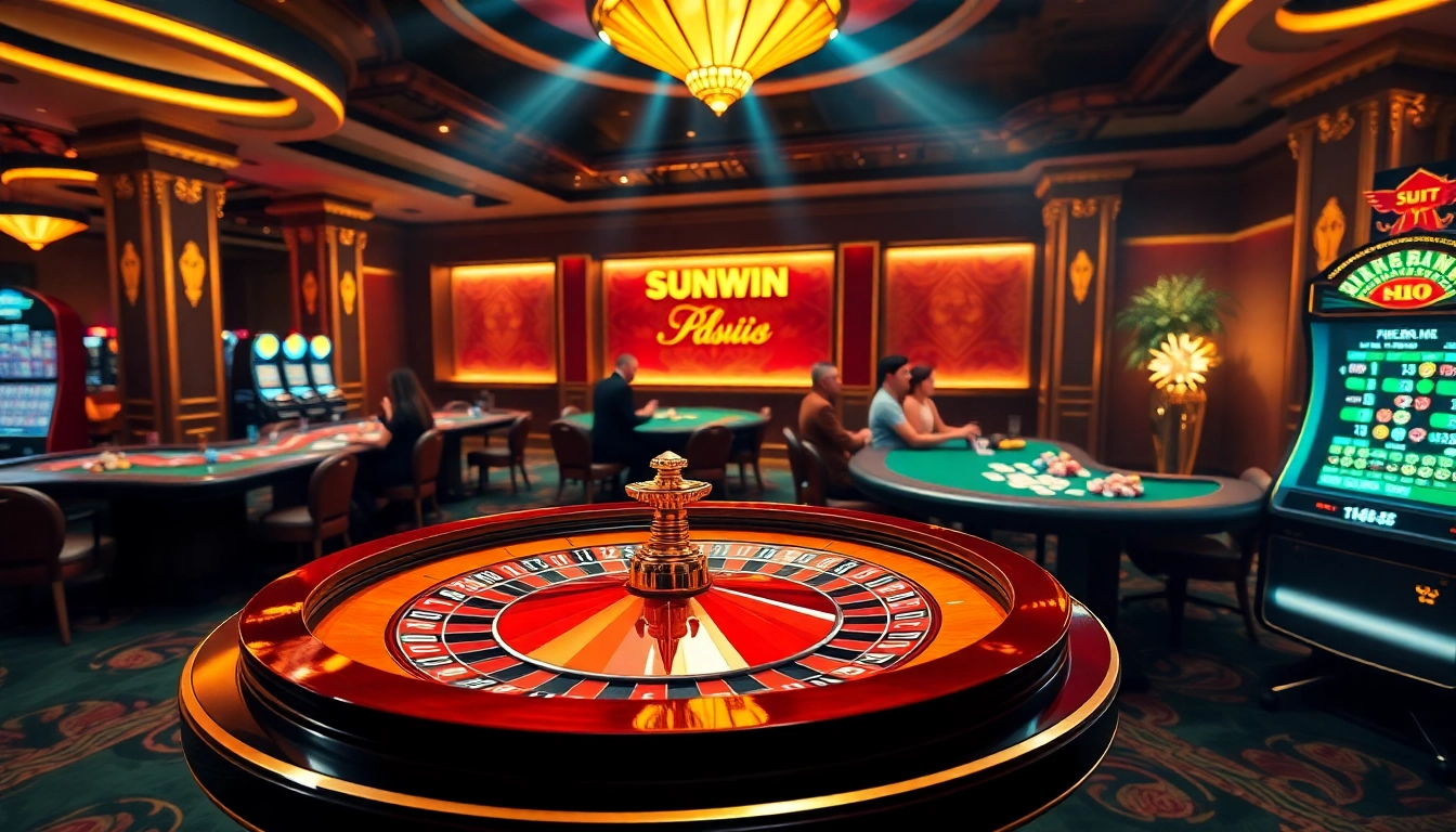Exciting Sunwin casino action with vibrant roulette tables and players enjoying poker games.
