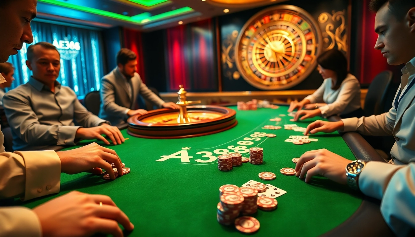 Engaged players enjoying poker at AE388's luxurious casino table with vibrant chips and cards.