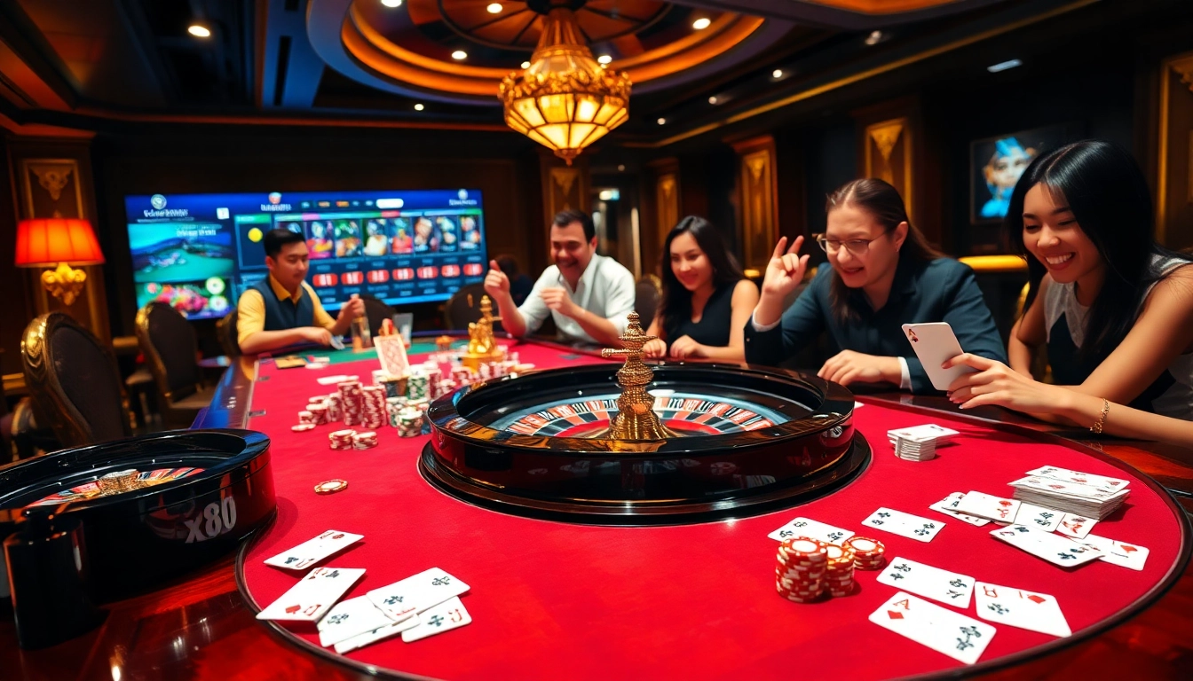 Engaging players at a luxurious casino table, showcasing excitement at https://xx88.promo/ online gambling.