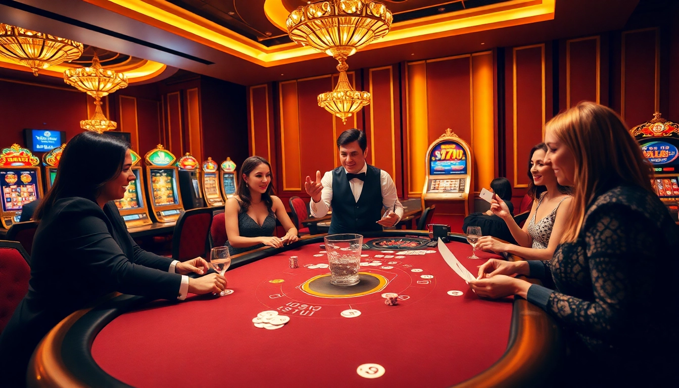 Players enjoying high-stakes gaming at 32WIN casino table with colorful poker chips.