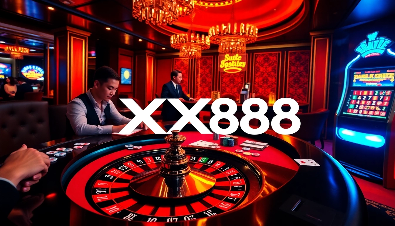 Experience thrilling gameplay at XX88 with casino tables, roulette, and poker chips.