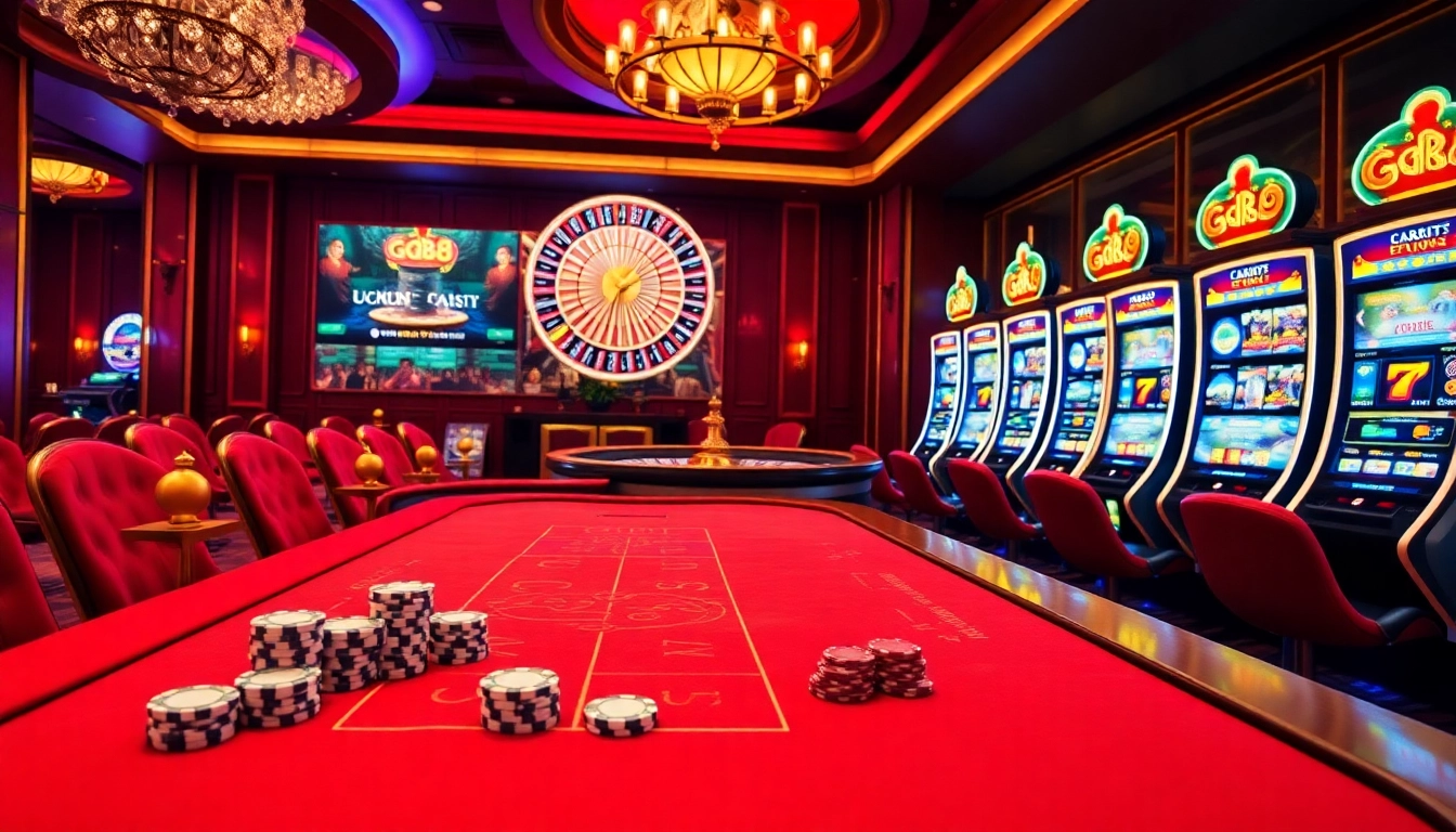 GG88 players engaging with casino tables and slot machines in a vibrant setting.