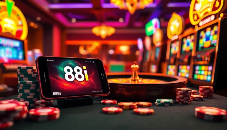 Experience thrilling online gambling with 88i on mobile, featuring colorful slots and poker chips.