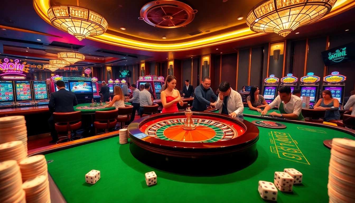 Engage in thrilling casino gameplay at https://go88vn.id/, featuring roulette tables, poker chips, and slot machines.