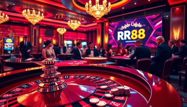 RR88 players engaging at a glamorous roulette table in a high-stakes casino.