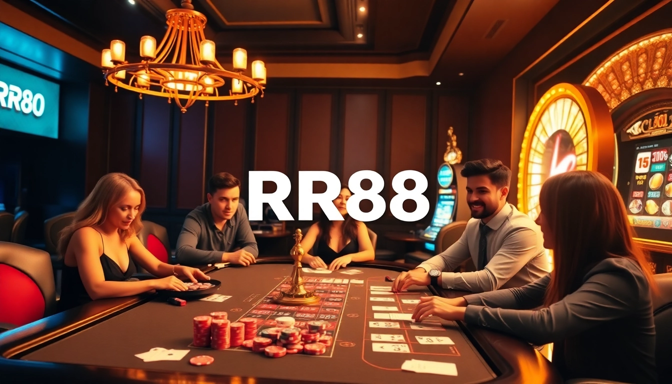 Players enjoying a thrilling game experience at RR88's luxurious casino, filled with vibrant chips and cards.