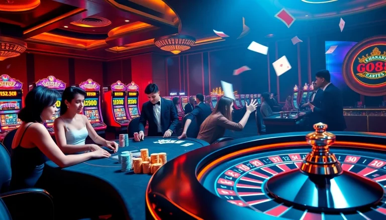 Players engaging at a go88 casino table, filled with chips, cards, and excitement.