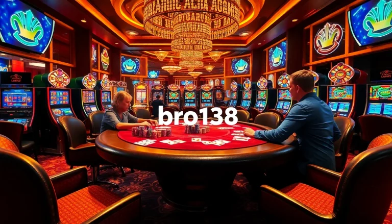 Exciting poker game at bro138 casino, showcasing vibrant chips and professional atmosphere.