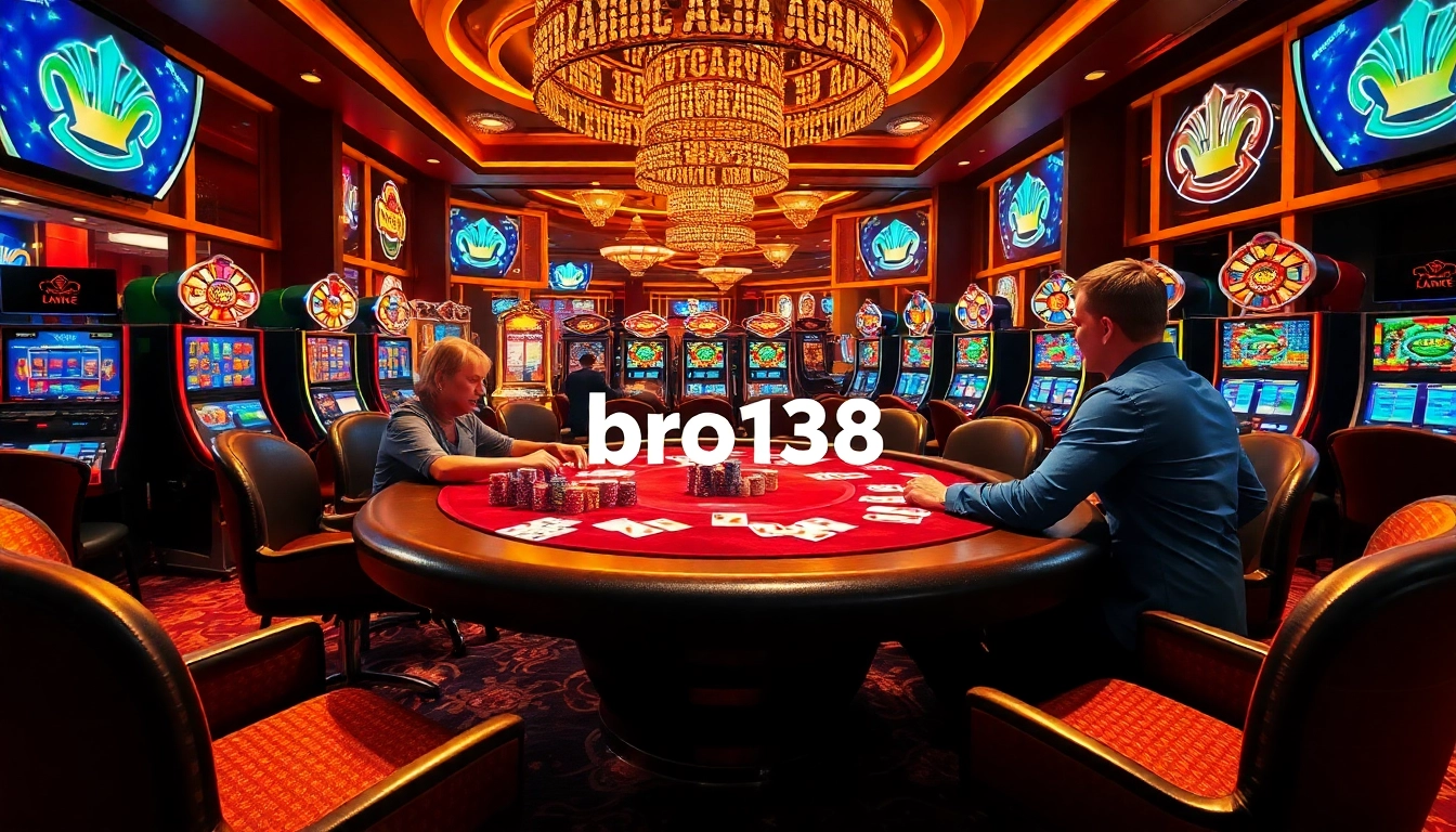 Exciting poker game at bro138 casino, showcasing vibrant chips and professional atmosphere.