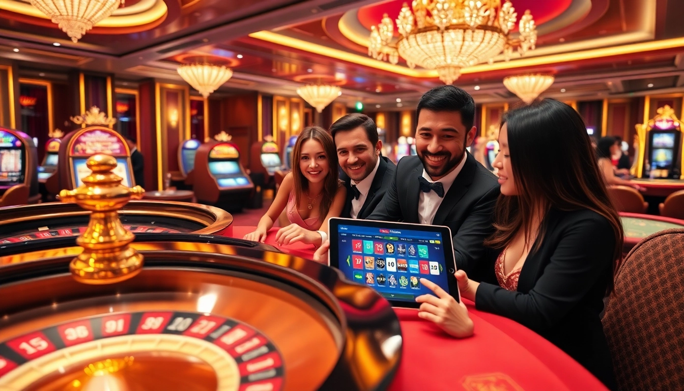 Players winning big at bem88 casino with vibrant tables and slot machines lighting up the scene.
