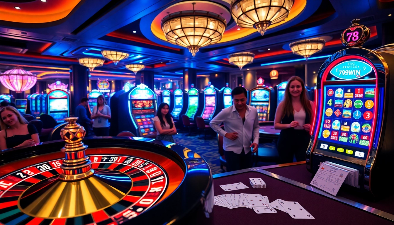 Players enjoying the excitement at 789WIN casino with roulette, poker chips, and slot machines.