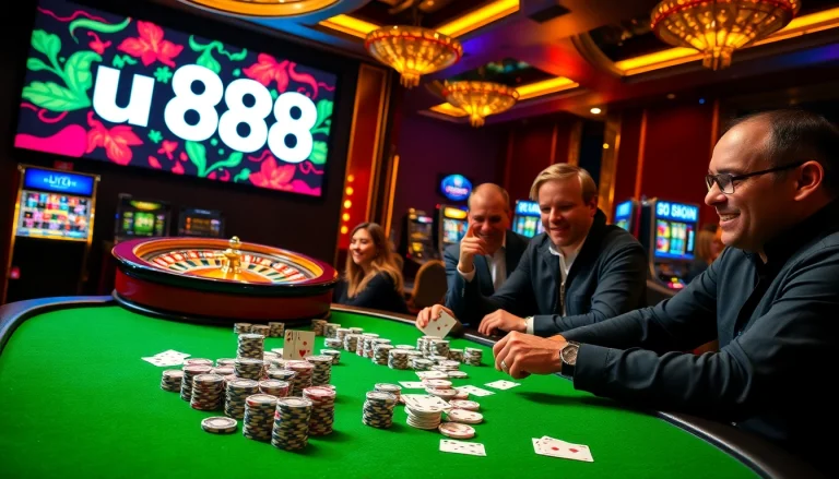Experience thrilling gameplay with u 888 at a vibrant casino table, complete with poker chips and cards.