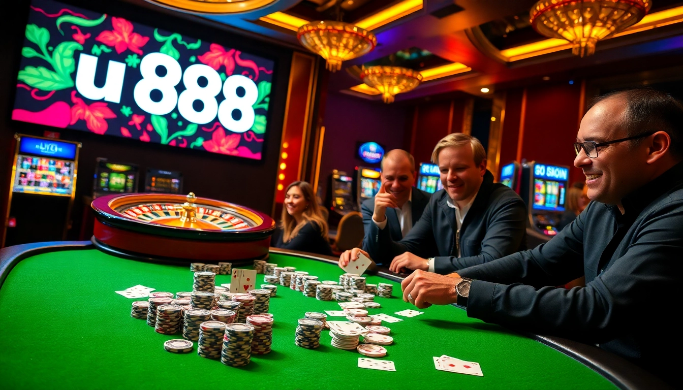 Experience thrilling gameplay with u 888 at a vibrant casino table, complete with poker chips and cards.