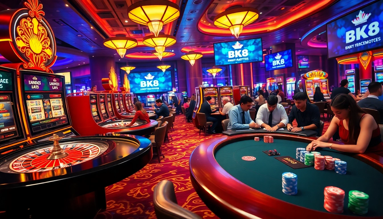Experience the thrill of gambling at a luxurious BK8 casino with vibrant slot machines and poker tables.